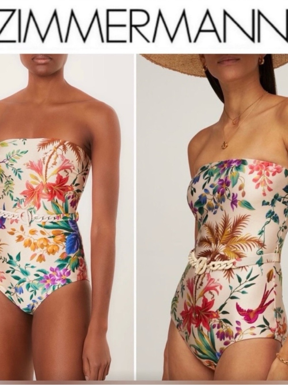 Zimmermann Kids Floral Strapless One-Piece Swimsuit in Cream